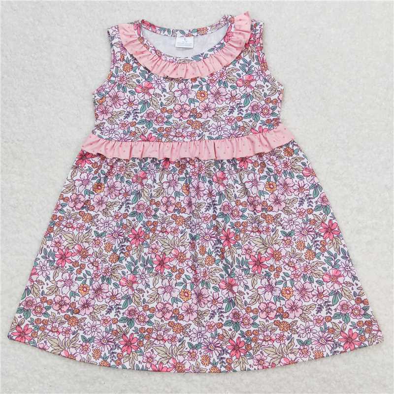 7.31 RTS NO MOQ Summer Baby Girls Dresses GSD0935 Pink Flowers Bows Sleeveless Knee Length Dresses
