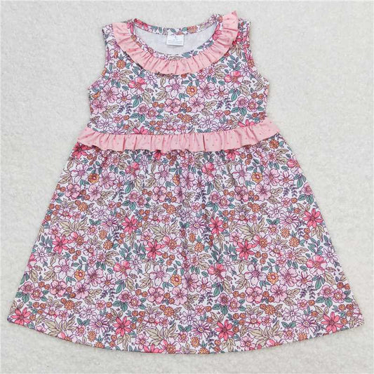 7.31 RTS NO MOQ Summer Baby Girls Dresses GSD0935 Pink Flowers Bows Sleeveless Knee Length Dresses