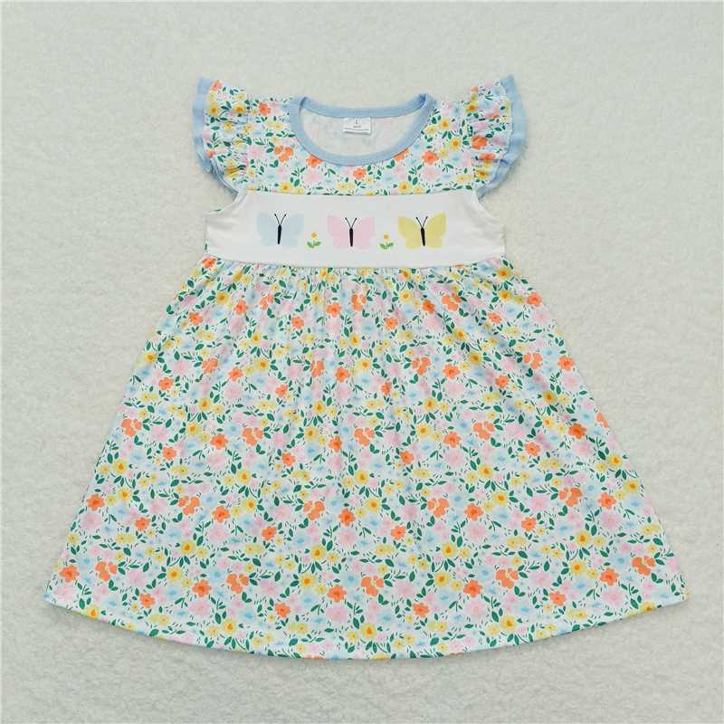 7.31 RTS NO MOQ Summer Baby Girls Dresses GSD0916 Flutter Sleeve Floral Butterfly Knee Length Dresses