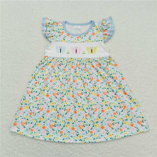 7.31 RTS NO MOQ Summer Baby Girls Dresses GSD0916 Flutter Sleeve Floral Butterfly Knee Length Dresses