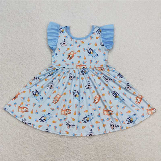 7.31 RTS NO MOQ Summer Baby Girls Dresses GSD1202 Flutter Sleeve Blue Dogs Knee Length Dresses