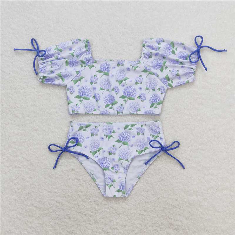 S0330 Baby Girls Summer Lavender Flowers Branches Top Ruffle Bummie Swimsuits