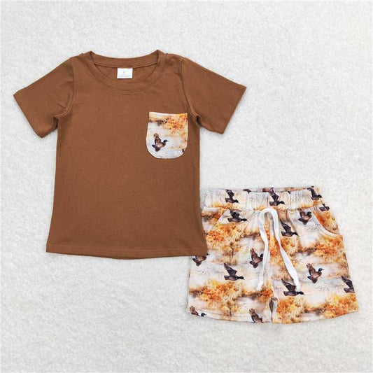 RTS NO MOQ Baby Boys kids Summer Sets BSSO0776 Duck Pocket Brown Short Sleeve Shorts Set
