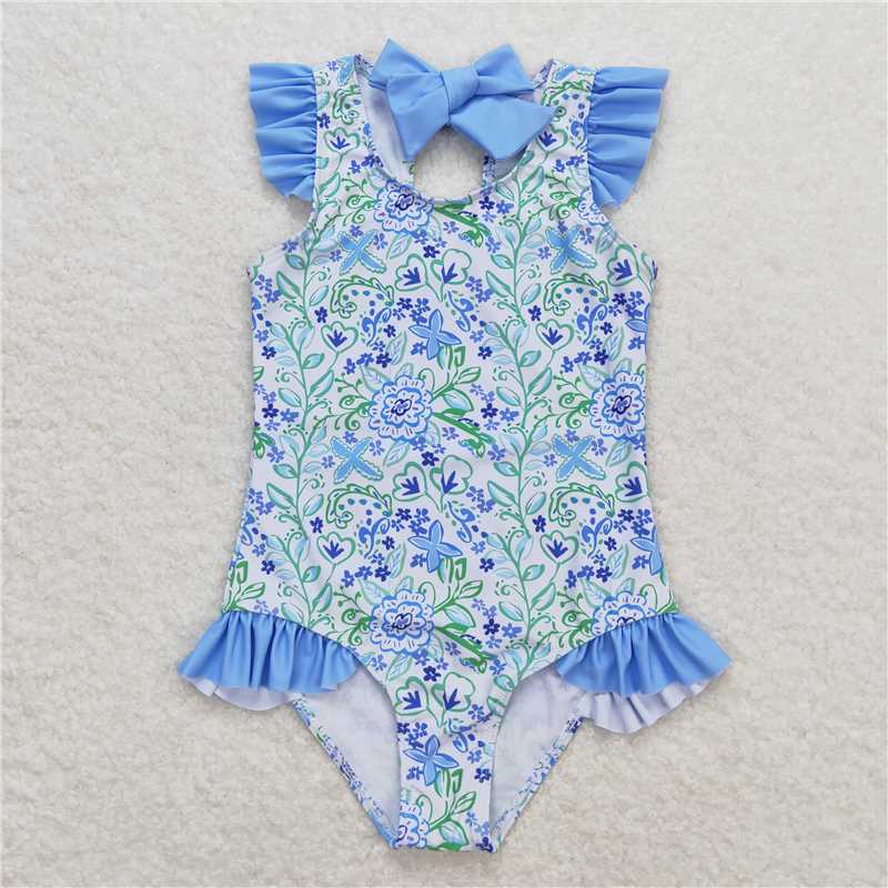 S0278 Baby Girls Summer Blue Flowers Ruffle One Piece Swimsuits