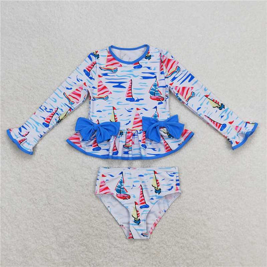 S0276 Baby Girls Blue Boats Long Sleeve Summer One Piece Bows Swimsuits