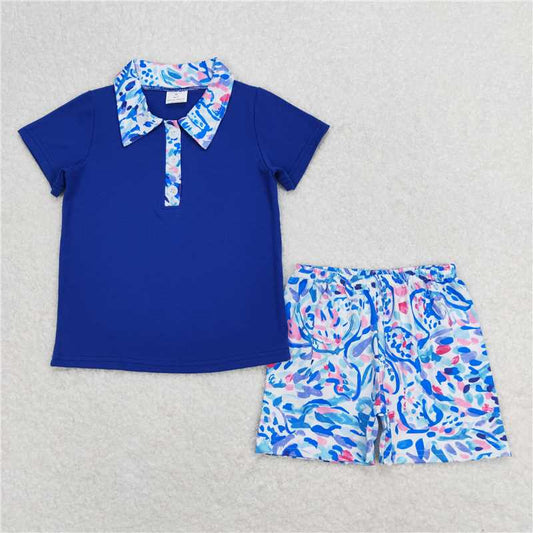 RTS NO MOQ Baby Boys kids Summer Sets BSSO0673 Navy blue short-sleeved shorts suit with floral pattern collar