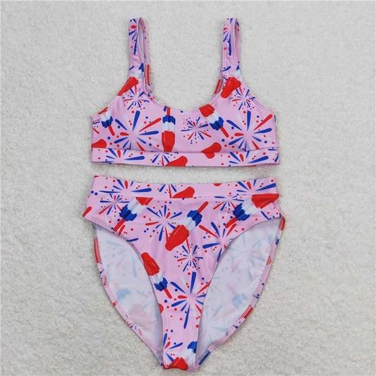 7.4 RTS NO MOQ Adult Women Summer Sets S0334 Pink Popsicle 4th Of July Top Bottom Swimsuits Sets