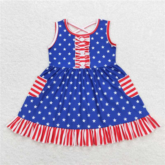 7.31 RTS NO MOQ Summer Baby Girls Dresses GSD0976 Stars 4th of July Ruffle Summer Knee Length Dresses