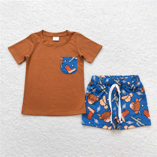 RTS NO MOQ Baby Boys kids Summer Sets BSSO0542 Alpine Bull Head Cactus Hat Boots Pocket Brown Short Sleeve Blue Shorts Set