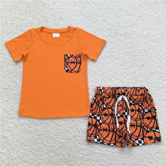 RTS NO MOQ Baby Boys kids Summer Sets BSSO0789 Basketball Pocket Orange Short Sleeve Shorts Set