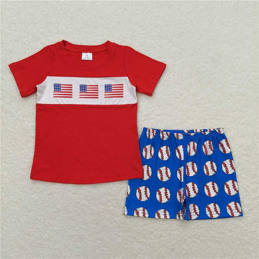 RTS NO MOQ Baby Boys kids Summer Sets BSSO0674 National flag red short sleeve baseball navy blue shorts suit