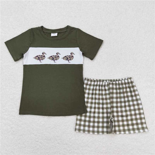 RTS NO MOQ Baby Boys kids Summer Sets BSSO0663 Three Ducks Army Green Short Sleeve Plaid Shorts Set