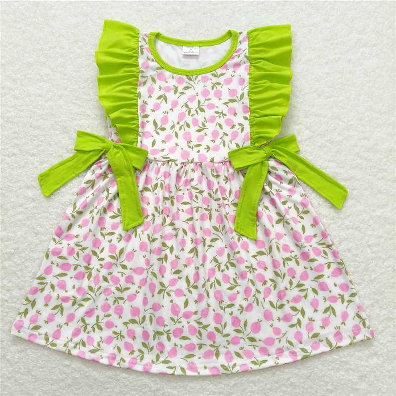 7.31 RTS NO MOQ Summer Baby Girls Dresses GSD1036 Pink Green Flowers Bows Ruffle Knee Length Dresses