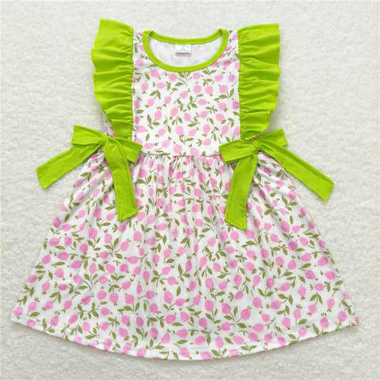 7.31 RTS NO MOQ Summer Baby Girls Dresses GSD1036 Pink Green Flowers Bows Ruffle Knee Length Dresses