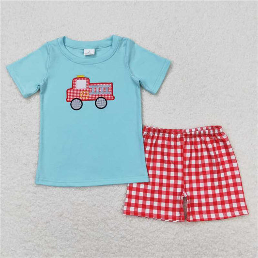 RTS NO MOQ Baby Boys kids Summer Sets  BSSO0549 Fire Truck Shirt Top Checkered Shorts Clothes Sets
