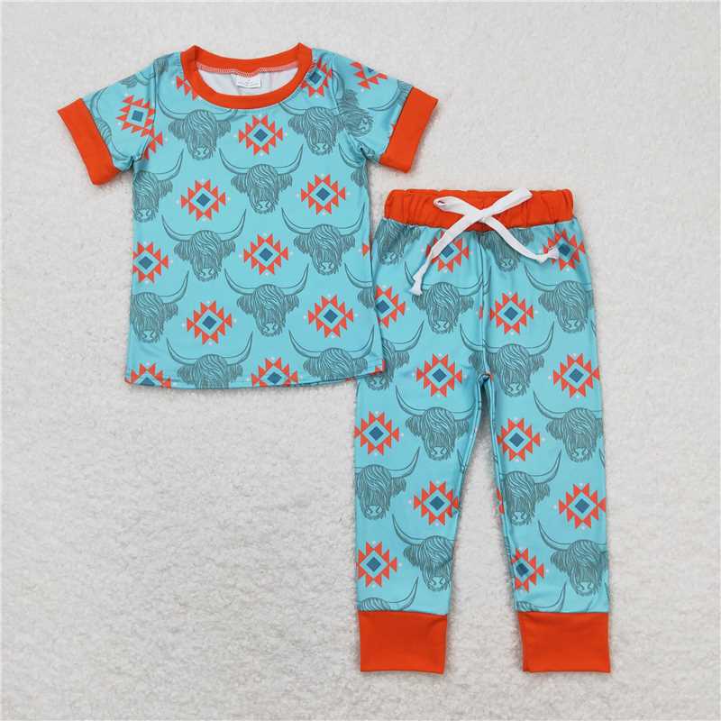 RTS NO MOQ Baby Boys Summer Sets BSPO0328 Western Cow Blue Aztec Tee Shirts Tops Pants Pajamas Clothes Sets