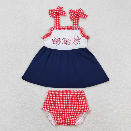 RTS NO MOQ Baby Girls Summer Outifts GBO0330 Navy Fireworks Tunic Top Bummies Clothes Sets