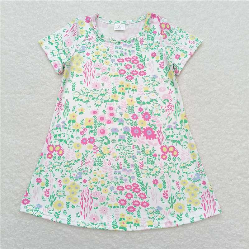7.31 RTS NO MOQ Summer Baby Girls Dresses GSD0823 Pink Green Flowers Short Sleeve Knee Length Dresses