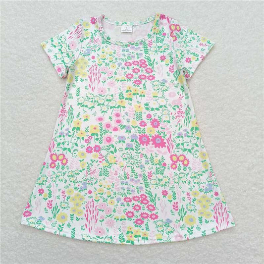 7.31 RTS NO MOQ Summer Baby Girls Dresses GSD0823 Pink Green Flowers Short Sleeve Knee Length Dresses