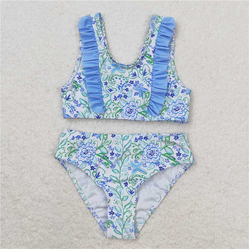 S0279 Baby Girls Summer Blue Flowers Ruffle Top Bummie Swimsuits