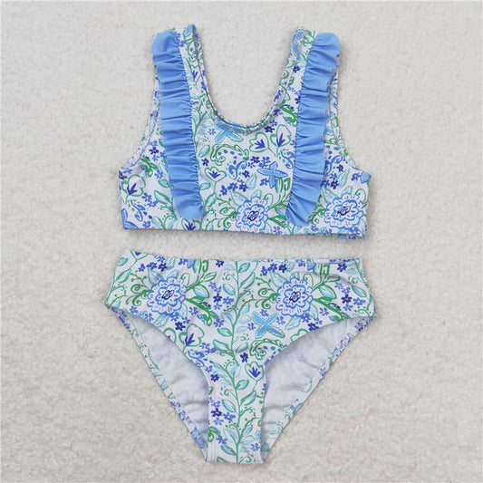 S0279 Baby Girls Summer Blue Flowers Ruffle Top Bummie Swimsuits