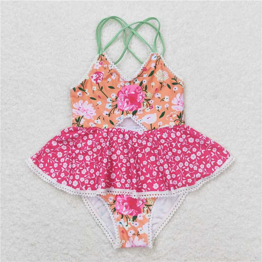 S0249 Baby Girls Orange Flowers Ruffle One Piece Swimsuits