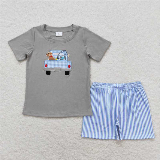 RTS NO MOQ Baby Boys kids Summer Sets BSSO0664 Grey Dog Fishing Shirt Shorts Outfits Clothes Sets
