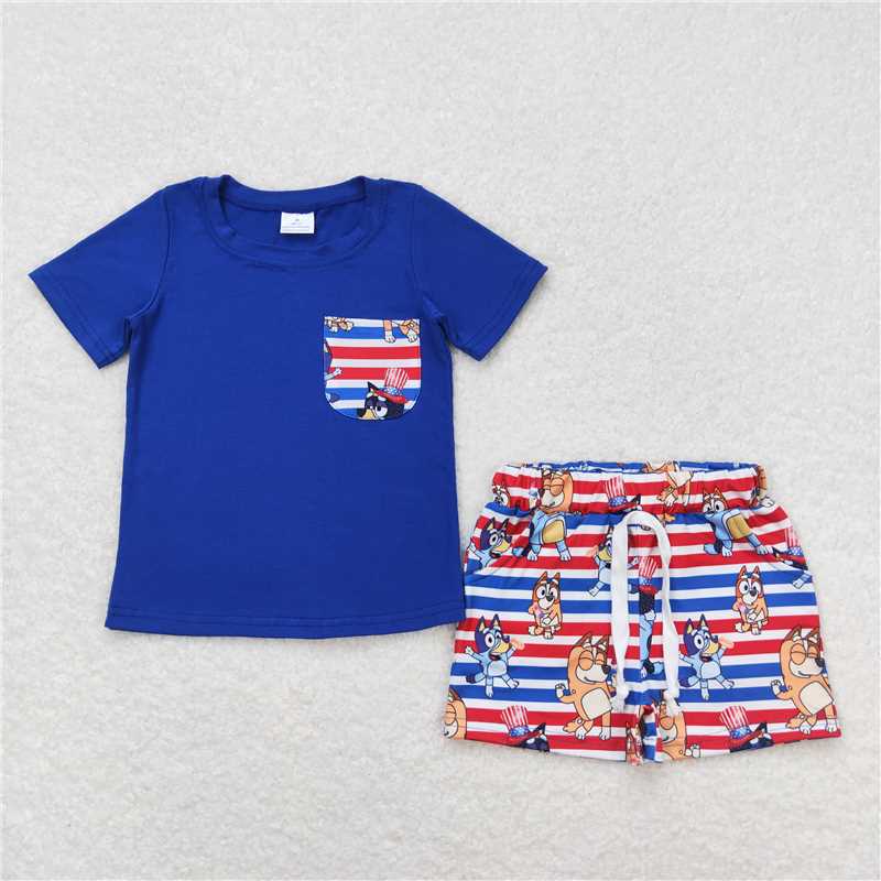 RTS NO MOQ Baby Boys kids Summer Sets BSSO0513 Pocket Short Sleeve Red and Blue Striped Shorts Set