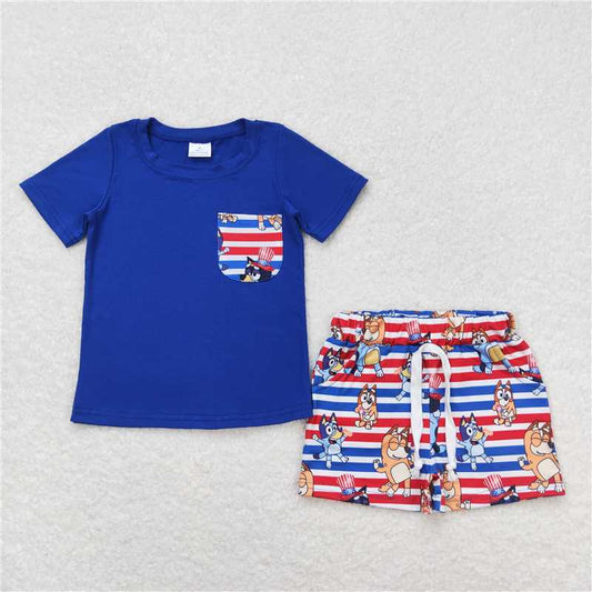 RTS NO MOQ Baby Boys kids Summer Sets BSSO0513 Pocket Short Sleeve Red and Blue Striped Shorts Set
