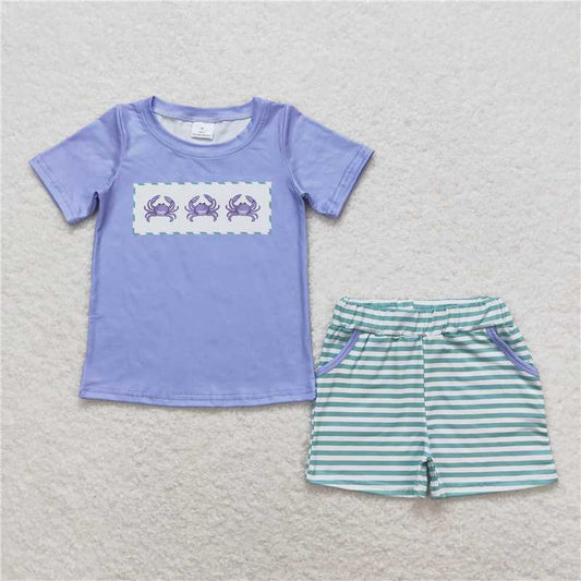 RTS NO MOQ Baby Boys kids Summer Sets BSSO0637 Crab blue short-sleeved green striped shorts suit