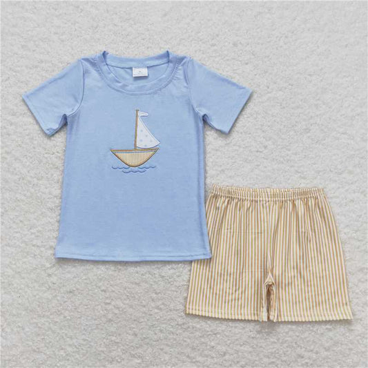 RTS NO MOQ Baby Boys kids Summer Sets BSSO0602 Sailboat Blue Short Sleeve Shirt Shorts Clothes Sets