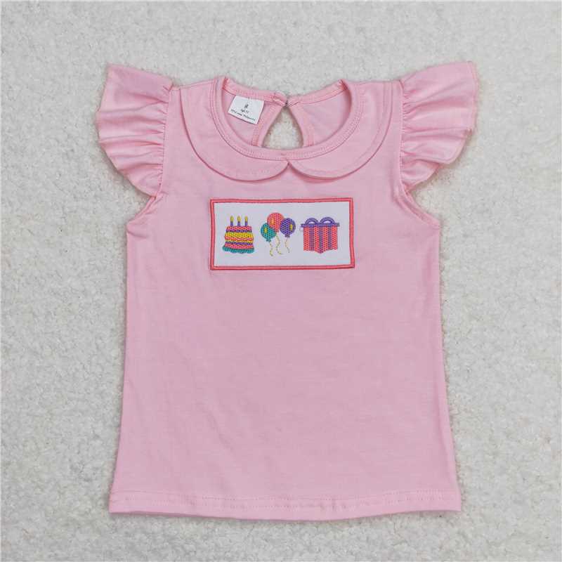 RTS NO MOQ Summer Baby Girls Short Sleeve GT0501 Birthday Pink Flutter Sleeve Tee Shirts Tops