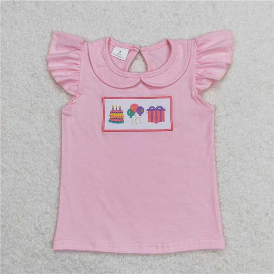 RTS NO MOQ Summer Baby Girls Short Sleeve GT0501 Birthday Pink Flutter Sleeve Tee Shirts Tops
