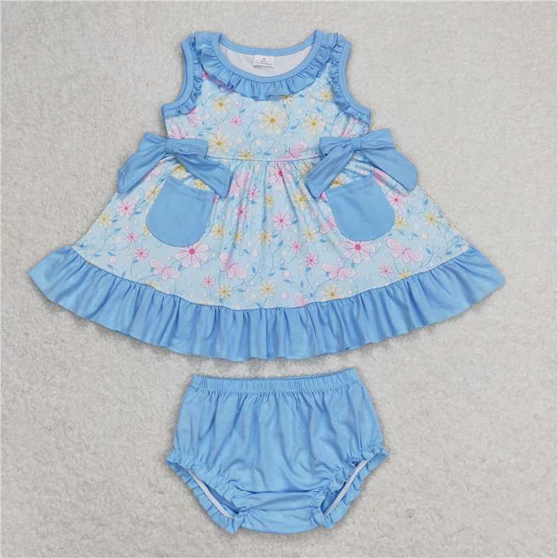 RTS NO MOQ Baby Girls Summer Outifts 	GBO0290 Blue Pocket Pink Flowers Sleeveless Top Bummies Clothes Sets