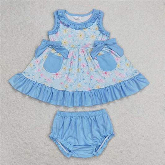 RTS NO MOQ Baby Girls Summer Outifts 	GBO0290 Blue Pocket Pink Flowers Sleeveless Top Bummies Clothes Sets