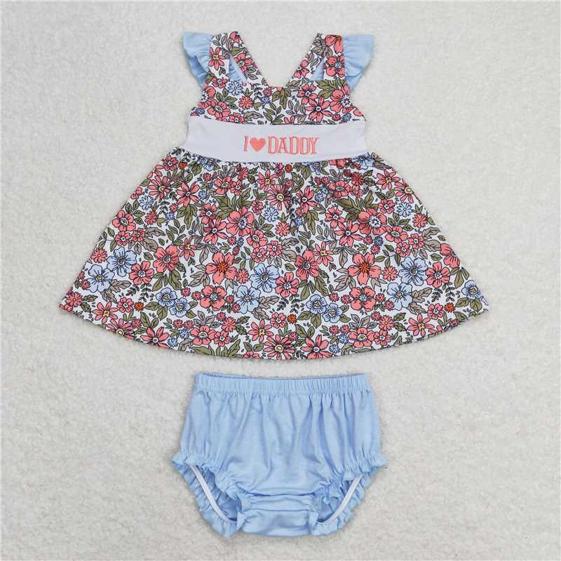 RTS NO MOQ Baby Girls Summer Outifts GBO0294 I Love Daddy Floral Straps Top Bummies Clothes Sets