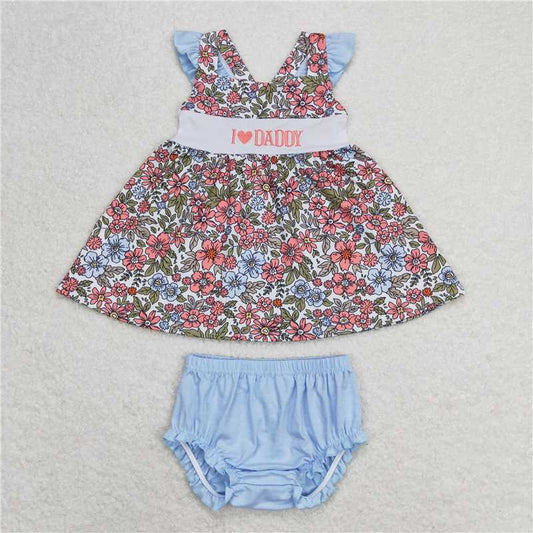 RTS NO MOQ Baby Girls Summer Outifts GBO0294 I Love Daddy Floral Straps Top Bummies Clothes Sets