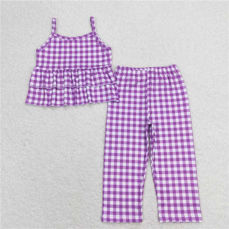 RTS NO MOQ Baby Girls Summer Kids Sets GSPO1379 Purple Checkered Tunic Top Wide Leg Pants Clothes Sets