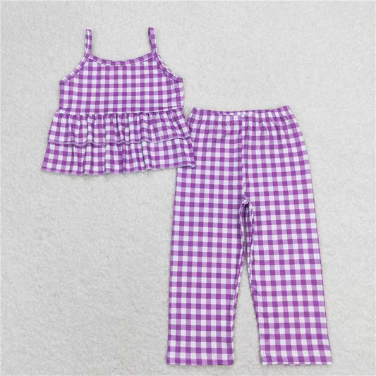 RTS NO MOQ Baby Girls Summer Kids Sets GSPO1379 Purple Checkered Tunic Top Wide Leg Pants Clothes Sets