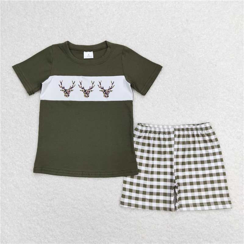 RTS NO MOQ Baby Boys kids Summer Sets BSSO0662 Three Elks Army Green Short Sleeve Plaid Shorts Set