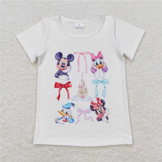RTS NO MOQ Summer Baby Girls Short Sleeve GT0570 Castle Duck Mouse Bows White Short Sleeve Shirts Tops