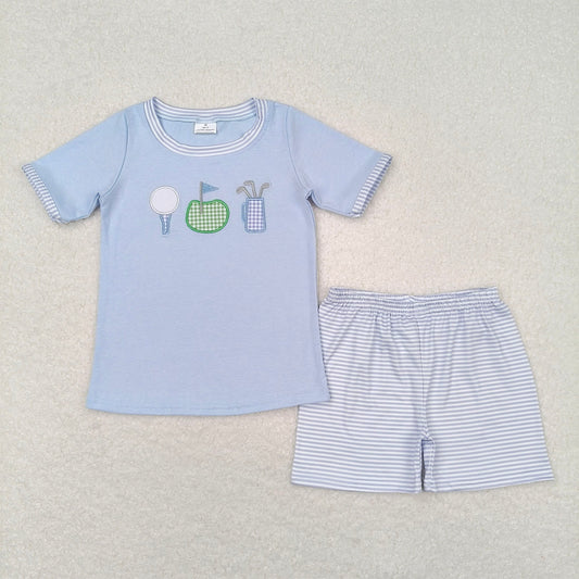 RTS NO MOQ Baby Boys kids Summer Sets BSSO0686 Blue Golf Tee Shirt Stripes Shorts Clothes Sets