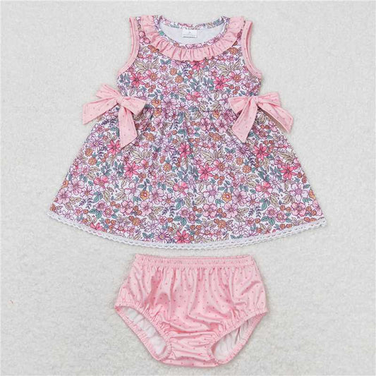RTS NO MOQ Baby Girls Summer Outifts GBO0313 Pink Flowers Bows Tunic Top Bummies Clothes Sets