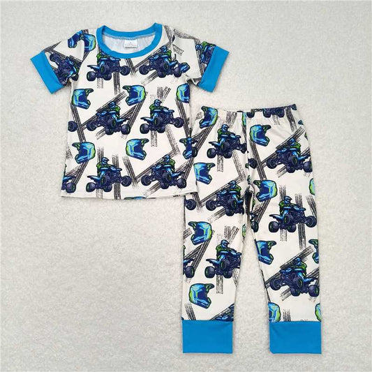 RTS NO MOQ Baby Boys Summer Sets BSPO0354 Blue Motobike Shirt Top Pants Pajamas Clothes Sets