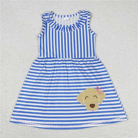 7.31 RTS NO MOQ Summer Baby Girls Dresses GSD0934 Blue Stripes Dog Sleeveless Knee Length Dresses