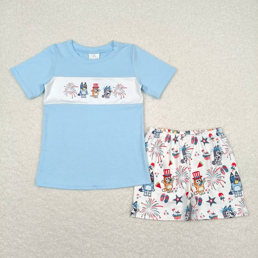 RTS NO MOQ Baby Boys kids Summer Sets BSSO0792 4th Of July· Fireworks blue and white short-sleeved shorts set
