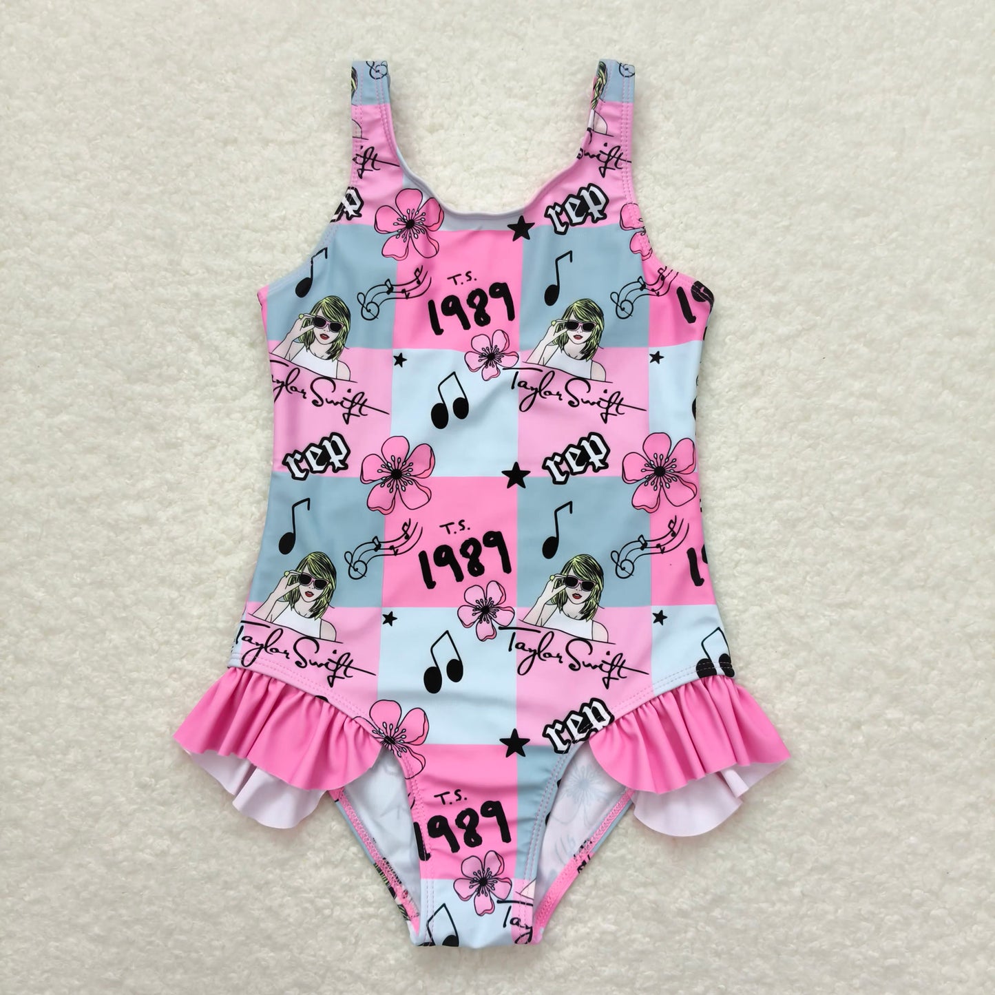 S0349 Baby Girls Summer Pink Singer 1989 Ruffle Swimsuits