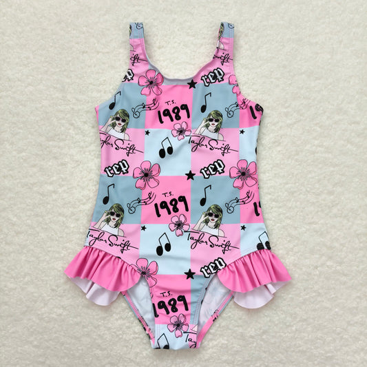 S0349 Baby Girls Summer Pink Singer 1989 Ruffle Swimsuits