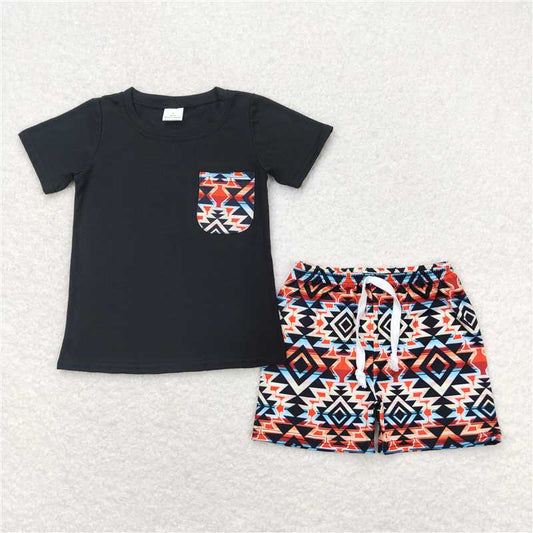 RTS NO MOQ Baby Boys kids Summer Sets BSSO0678 Black short-sleeved shorts with geometric pockets