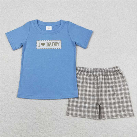 RTS NO MOQ Baby Boys kids Summer Sets BSSO0640 Blue I Love Daddy Shirt Checkered Shorts Clothes Sets